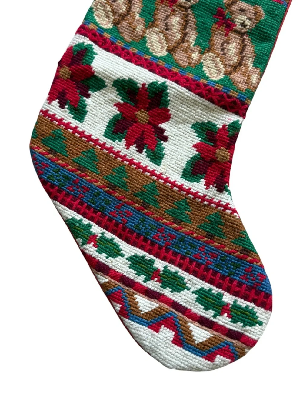 Vintage Wool Needlepoint Christmas Stocking Teddy Bears Poinsettia Holiday Decor